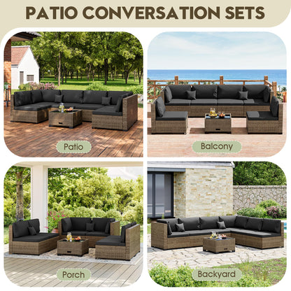 LHBcraft 7 Piece Patio Outdoor Furniture Set, Outdoor Sectional, All-Weather Manual Weaving PE Rattan Wicker Patio Sectional Sofa, Rattan Outside Furniture with Black Cushion and Glass Coffee Table