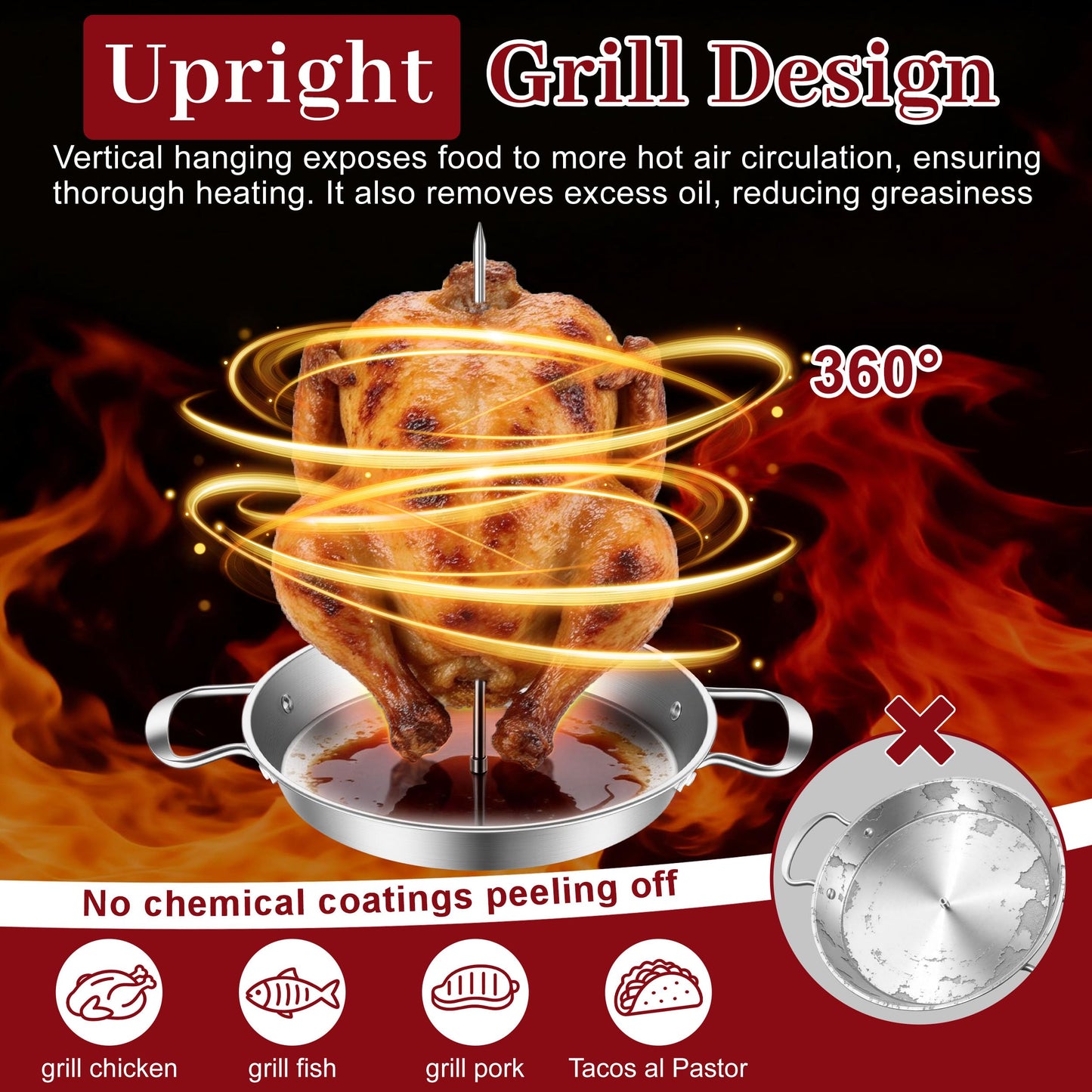 Al Pastor Skewer for Grill, HaSteeL Stainless Steel Shawarma Pan, Vertical Skewer Stand with 3 Removable Spikes(8"/10"/12") & Brush, Ideal for Tacos Al Pastor, Gyros, Shawarma Kebabs, Dishwasher Safe
