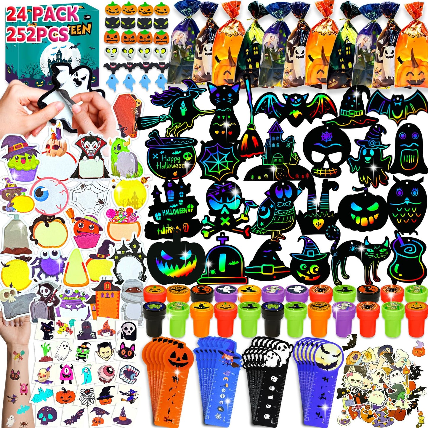 252Pcs Halloween Party Favors for Kids Bulk Stationery Set, 24 Pack Halloween Goodie Bags Stuffers Treat Bag Fillers, Classroom Prizes Non Candy Trick or Treat Toys for School Student Gifts Bags