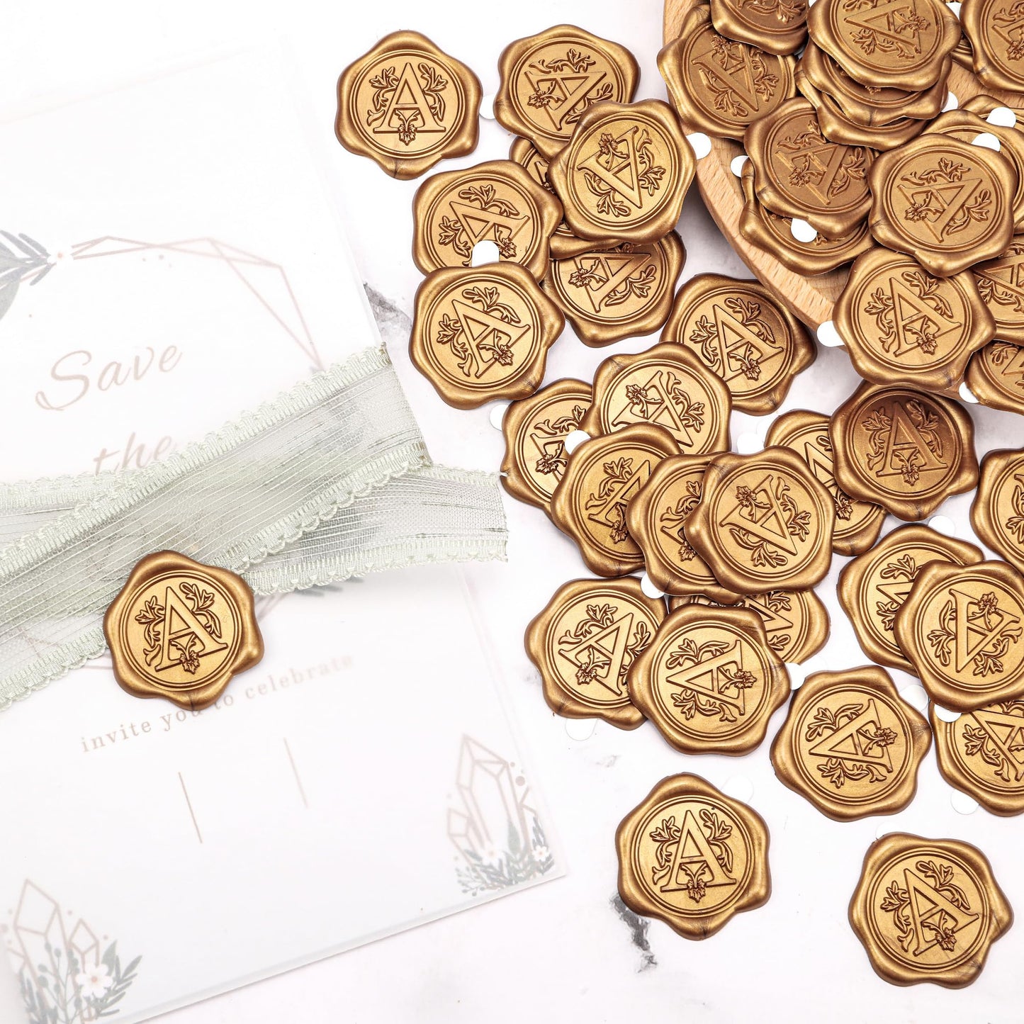 Yoption 50Pcs Initial A Wax Seal Stickers, Retro Antique Gold Letter Self Adhesive Envelope Seal Stickers for Wedding Party Birthday Christmas (A)