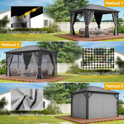 DWVO Gazebo Hardtop 10x12ft Single Roof Heavy Duty Canopy Galvanized Steel Outdoor with Nettings and Curtains for Patio, Backyard, Deck, Lawns, Grey