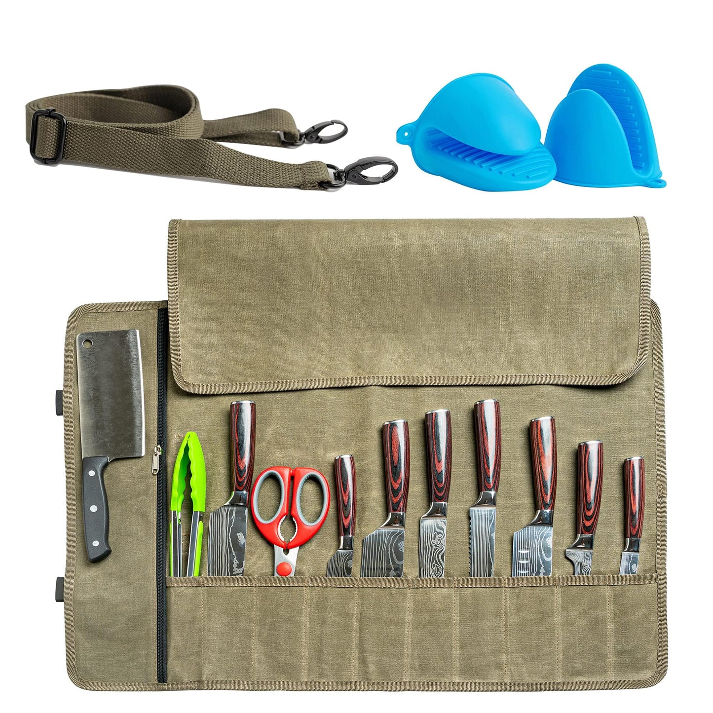 Baobab County Chef Knife Roll Bag – 12oz Water-Resistant Waxed Canvas – Heavy-Duty Portable Knife Case with 11 Slots for Cleavers, Carving Knives & Chef Tools – Bonus Oven Mitts Included (Army Green)