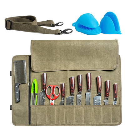 Baobab County Chef Knife Roll Bag – 12oz Water-Resistant Waxed Canvas – Heavy-Duty Portable Knife Case with 11 Slots for Cleavers, Carving Knives & Chef Tools – Bonus Oven Mitts Included (Army Green)