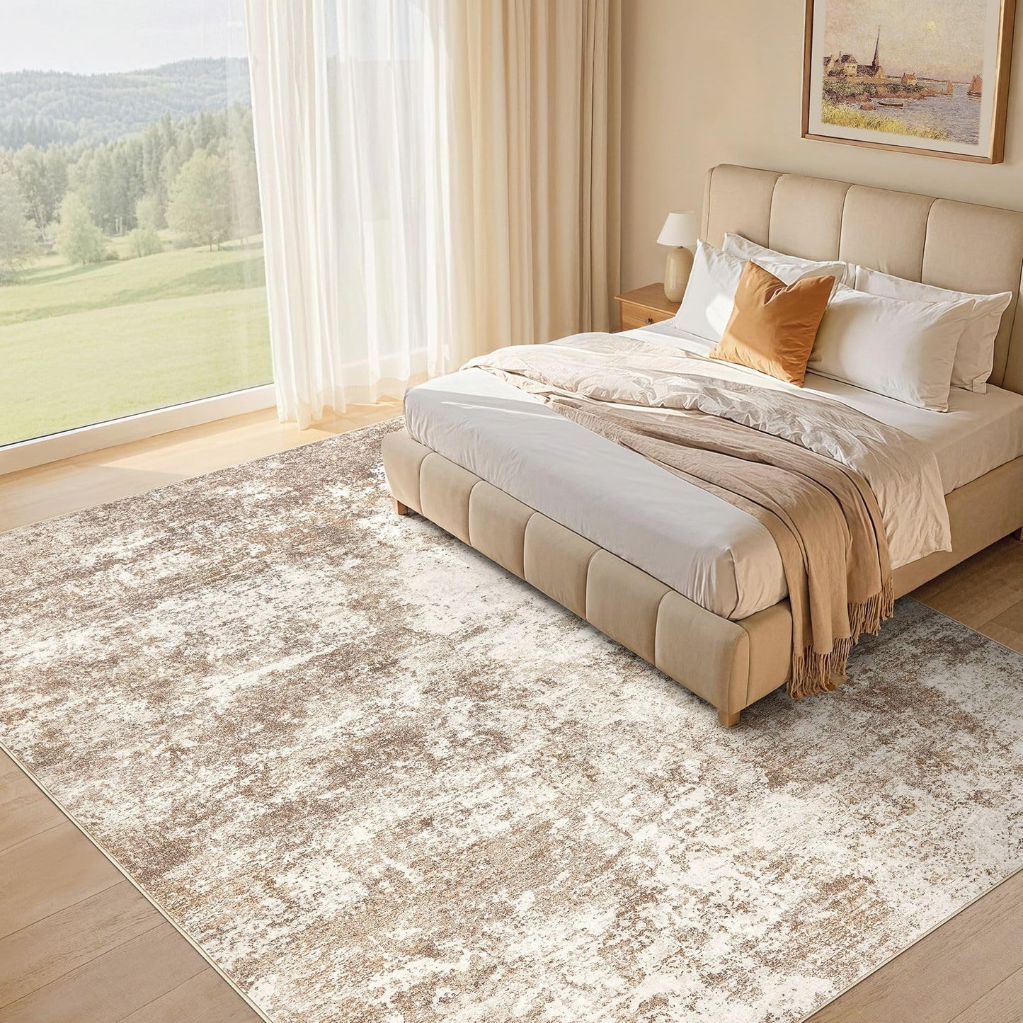 Micgeek Area Rug Living Room - 12X15 Abstract Washable Large Soft Foldable Non Slip Rug Neutral Modern Low Pile Carpet for Bedroom Nursery Dining Room Farmhouse Home Office Indoor - Brown