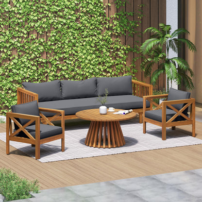 Merax Outdoor 4-Piece Acacia Wood Conversation Set - Patio 3-Seat Loveseat Sofa w/Coushion, 2 Armchair and Round Coffee Table for Backyard, Lawn, Balcony, Teak + Gray