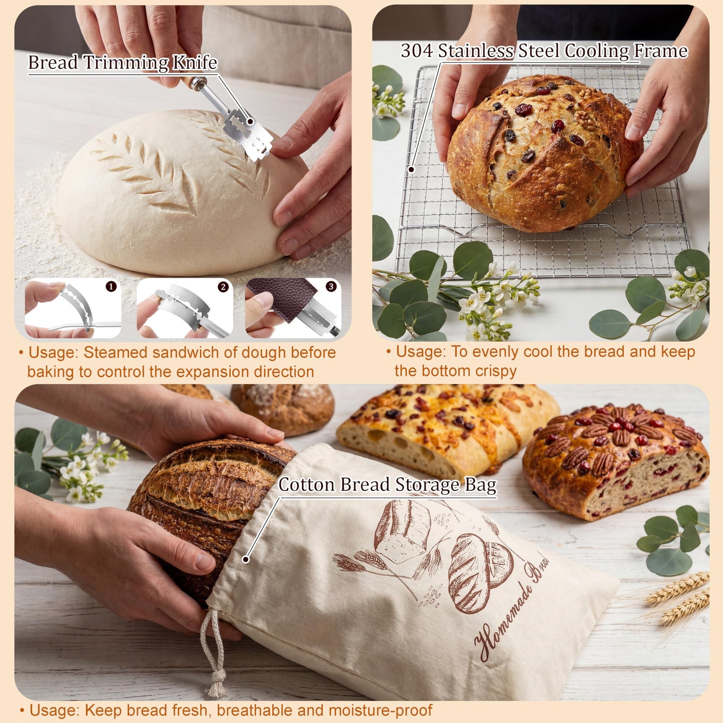 Complete Sourdough Starter Kit with 9" Round & 10" Oval Indonesian Rattan Proofing Baskets, Glass Mixing Bowl, Fermentation Cup, Bread Lame, Storage Bag, and other Tools for Homemade Bread Baking