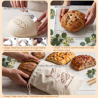 Complete Sourdough Starter Kit with 9" Round & 10" Oval Indonesian Rattan Proofing Baskets, Glass Mixing Bowl, Fermentation Cup, Bread Lame, Storage Bag, and other Tools for Homemade Bread Baking