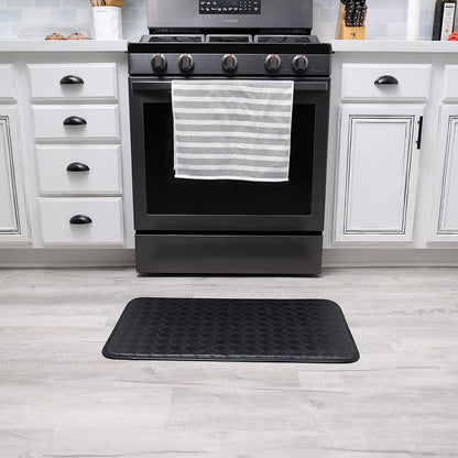 Anti-Fatigue Kitchen Faux Leather Non-Skid Cushioned Comfort Mat, 18" x 30", Diamond Black/Black