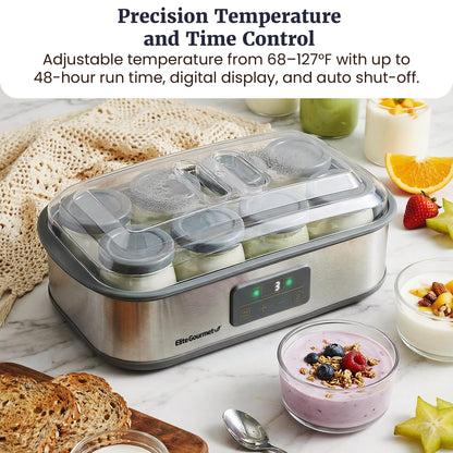 Elite Gourmet ProBioticPRO™ Digital Yogurt Maker, Programmable Temp & Time Control (68–127°F), Includes 8 Glass Jars (6 oz) + 2 Large 1-Qt Bowls, Stainless Steel, Auto Shut-Off