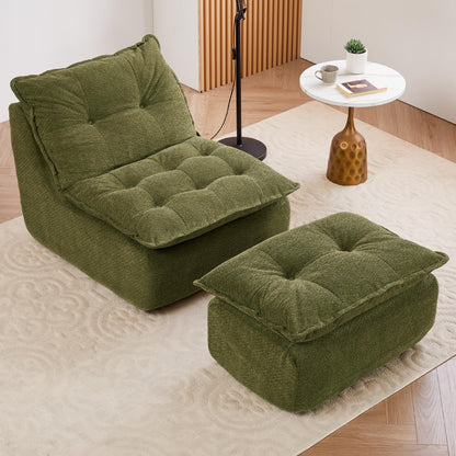 ENYLAY Single Chaise Lounge Chair, 62.2" Lazy Sofa Bean Bag Chair with Ottoman – Modern Boneless Floor Lounger for Bedroom or Living Room, Cozy Cloud Sleeper (Green)
