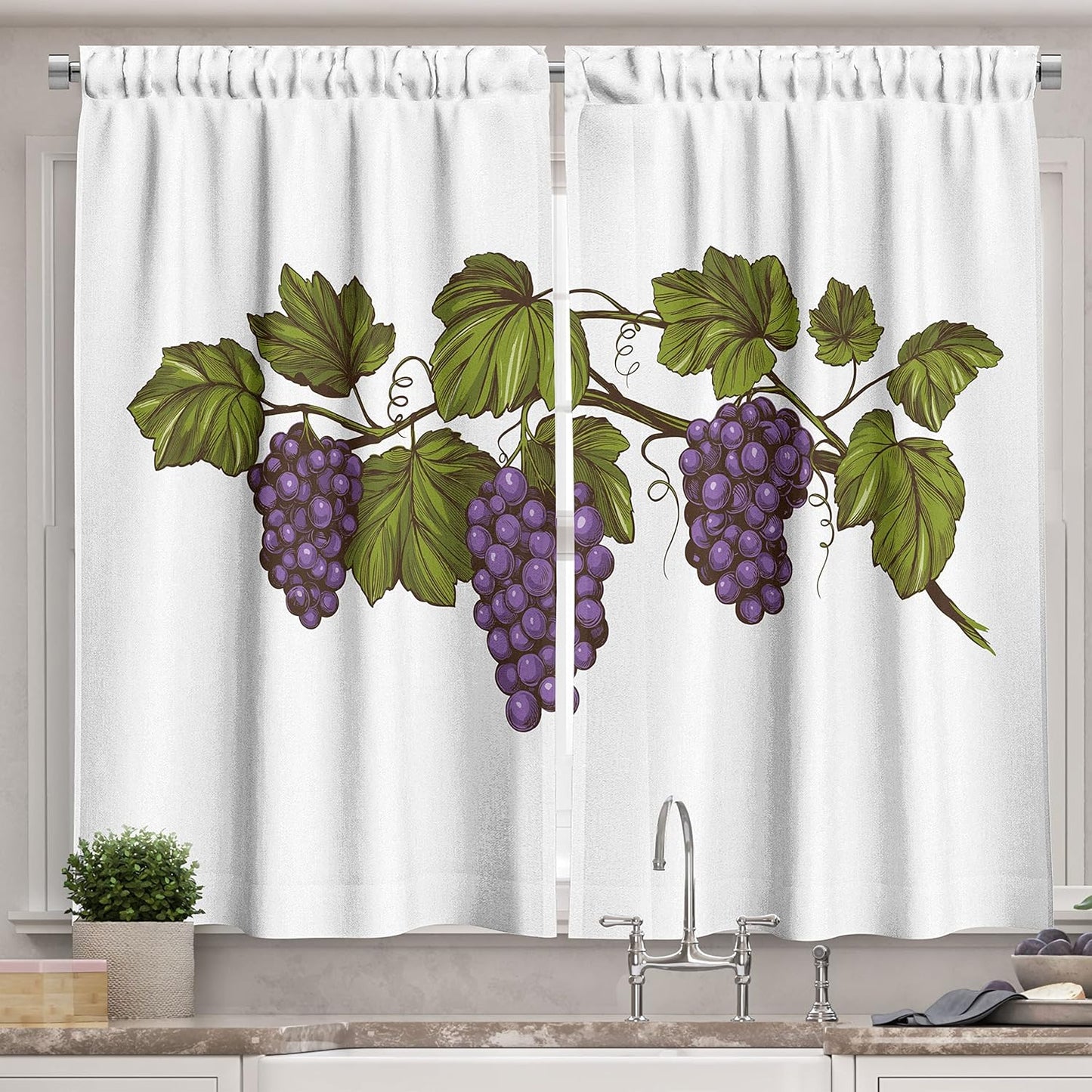 Lunarable Wine Grapes Kitchen Curtains - 2 Panel Set for Kitchen Cafe Decor, Fresh Purple Fruits on White Backdrop