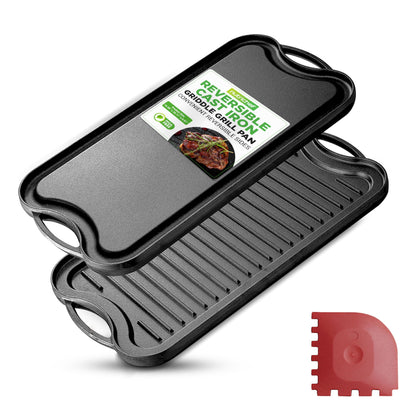 NutriChef 20"x10" Reversible Cast Iron Griddle Pan – Flat & Grill Sides, Pre-Seasoned, Oven Safe, Extra-Wide, PFOA & PFOS Free, for Gas, Electric, or Outdoor Cooking
