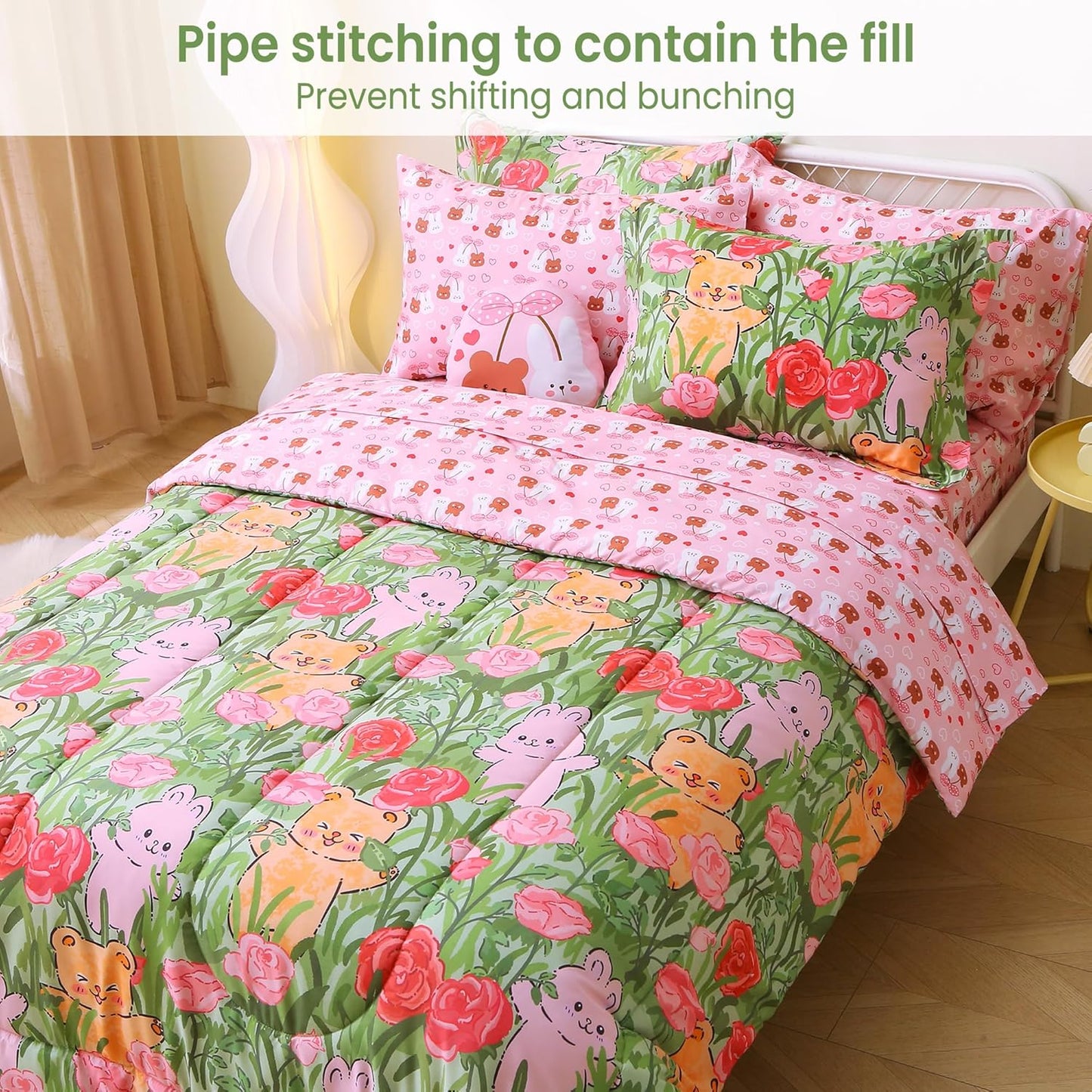 Sets 6 Set Set Mooreeke Twin Size Comforter for Girls Kids, Pieces Bed in a Bag Garden Cute Rabbit Floral Bedding