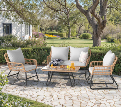YITAHOME 4 Piece Patio Furniture Set, Outdoor Wicker Furniture Set with Removable Cushion, Rattan Patio Loveseat Set for Garden, Backyard, and Deck,Armchairs, Glass Side Table, Light Gray & Beige