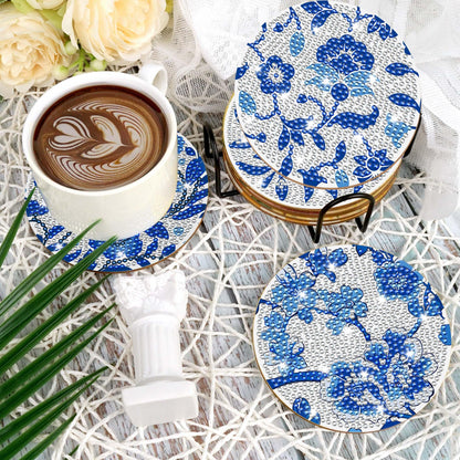 Blue Floral Diamond Art Coasters, 8pcs Blue and White Chinoiserie Floral Diamond Painting Coaster Kit, Elegant Flower Diamond Art with Holder Cork Pads, DIY Craft for Adults Beginners Home Decor Gifts