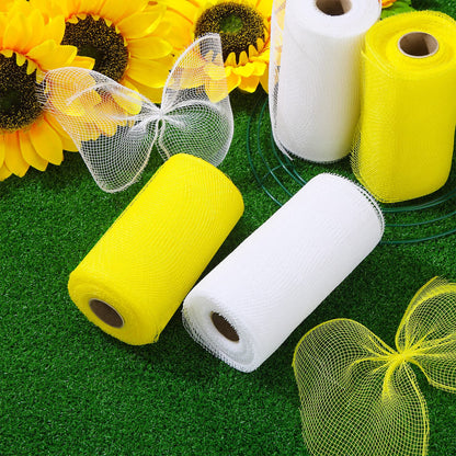 Waydress 4 Rolls Easter Decor Mesh Ribbon Making Supplies Poly Mesh Ribbon for Halloween Craft Wreaths Decorating 30 Feet Each Roll(6 Inch Wide,Yellow, White)