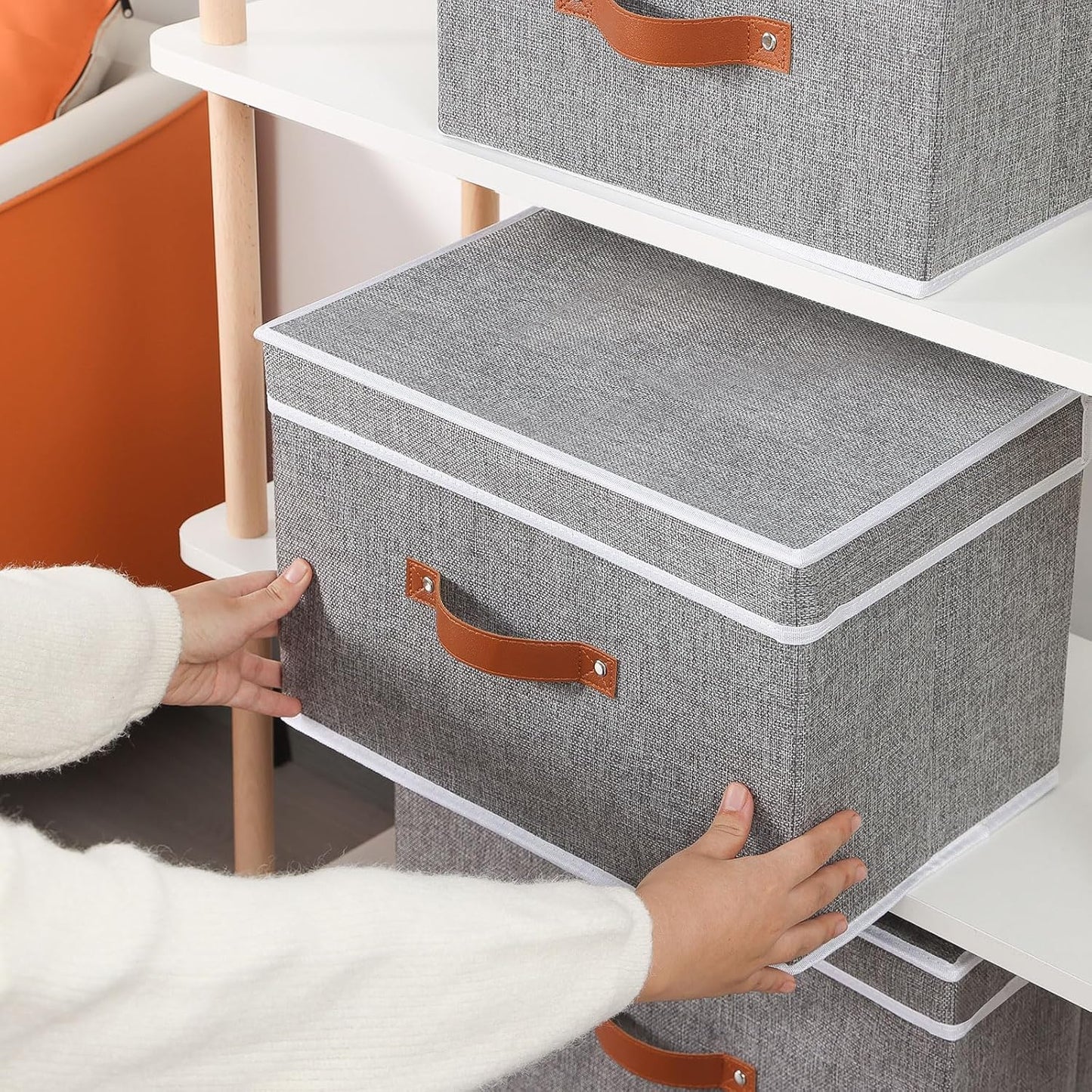 Fabric Storage Bins with Lids, Linen Foldable Storage Boxes, Closet Storage Organizer Containers with Handles, Grey,