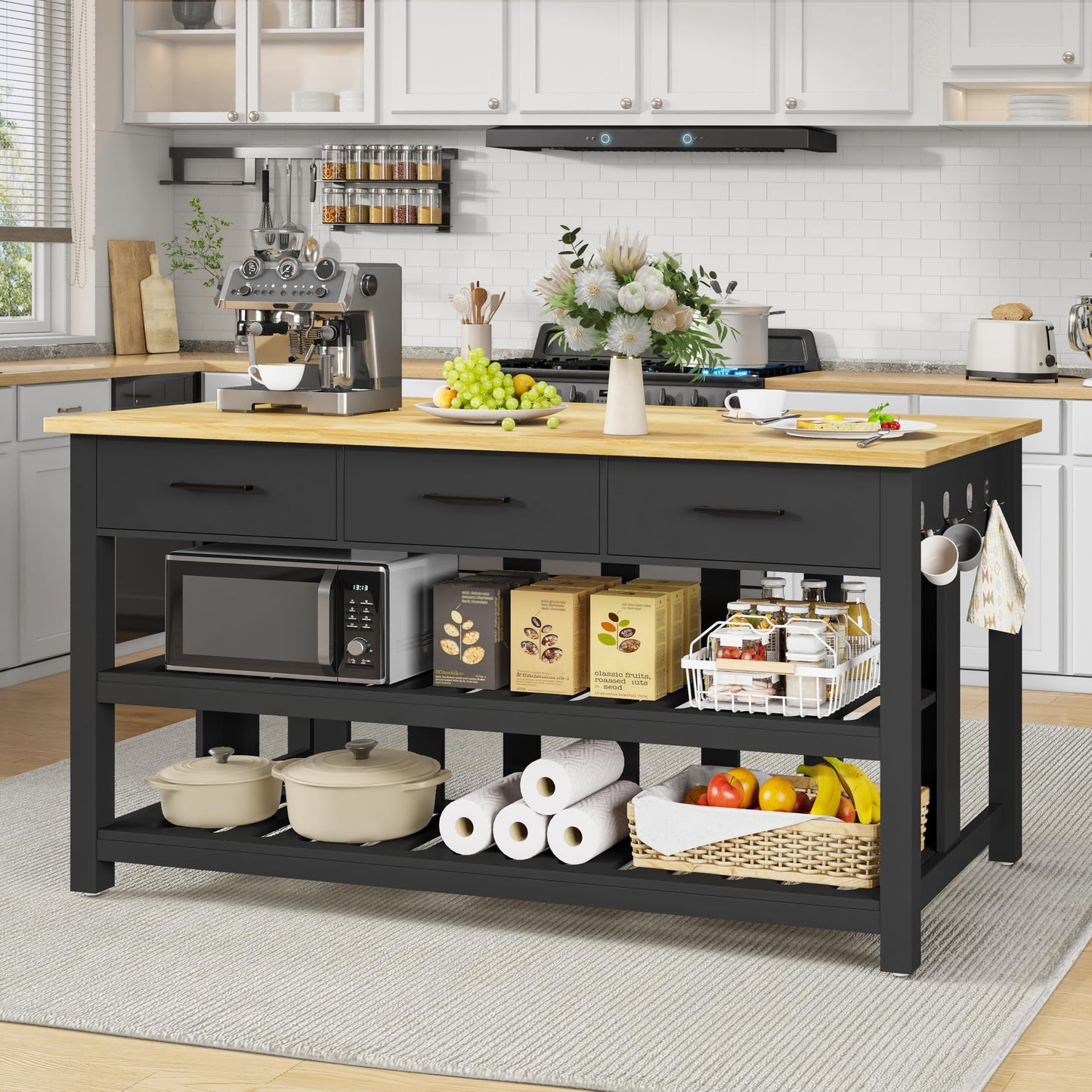 DynJest 60" Solid Rubberwood Kitchen Island with Power Outlets - Extra Large Work Surface, 3 Drawers & 2 Open Shelves Storage Cabinet for Kitchen Dining Room, Farmhouse Style (Black)