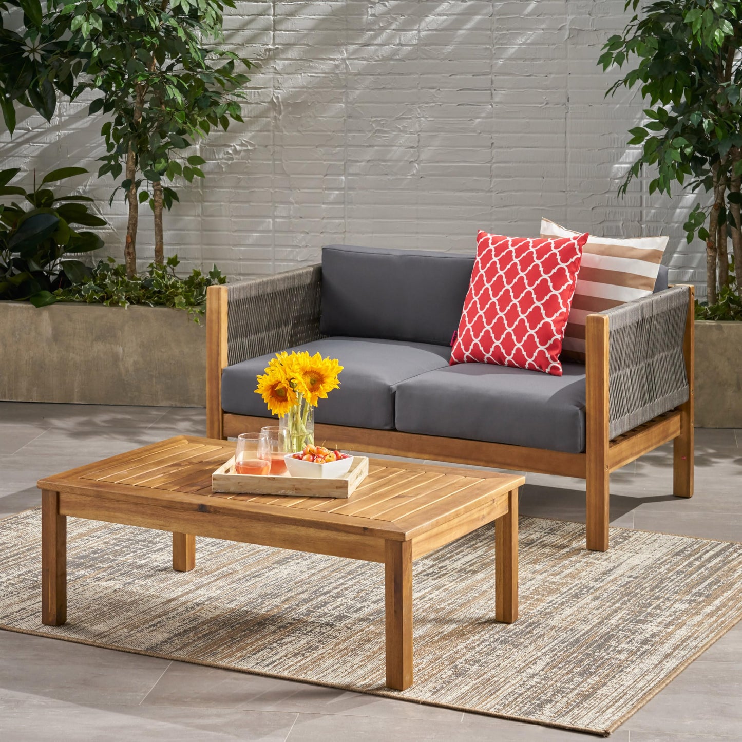 Christopher Knight Home Laurel Modern Outdoor Loveseat Set, Teak and Gray