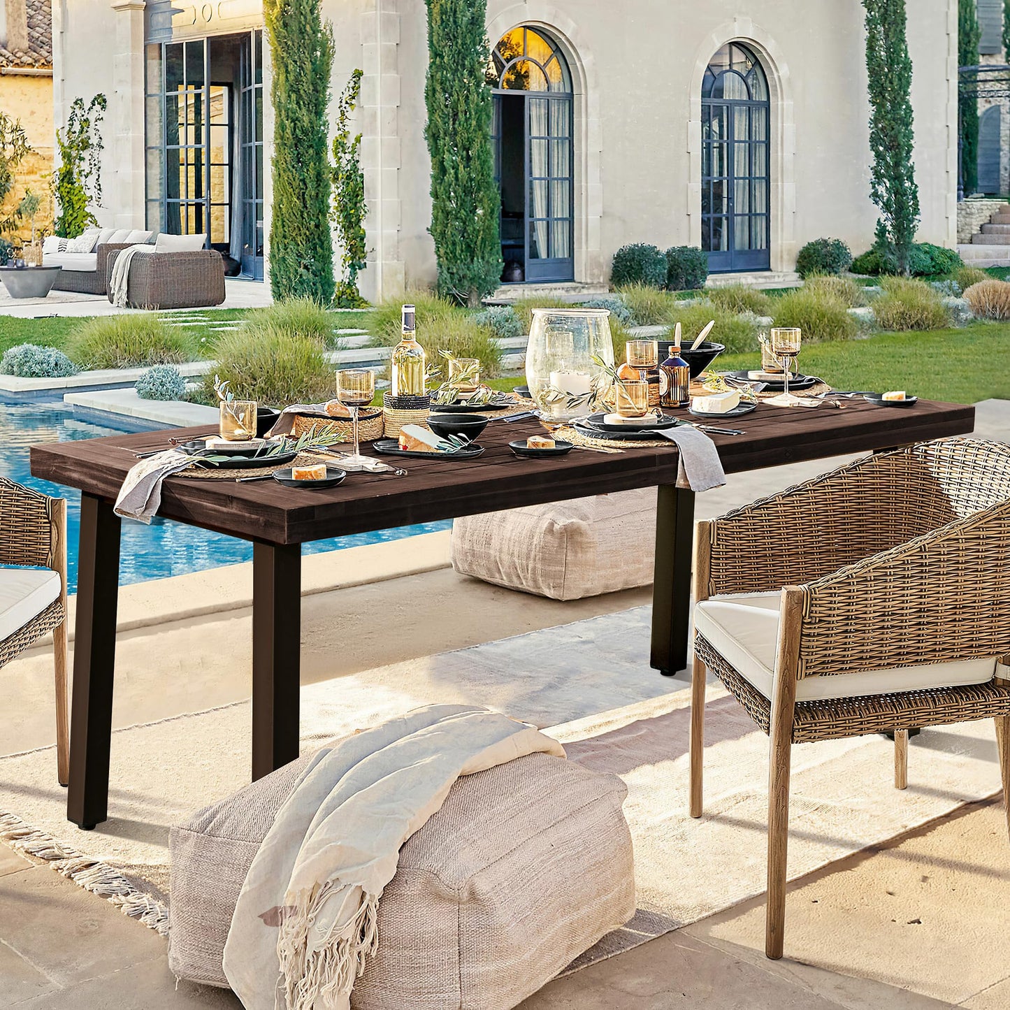Devoko Home Acacia Wood Dining Table 6-Person Indoor Outdoor Table with Iron Legs, Sandblast Finish, Natural Stained, Rustic Metal, 69 * 33 * 30 inch (Espresso)