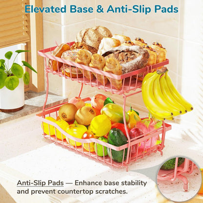 Zurklulu Pink 2 Tier Large Fruit Basket for Kitchen Counter with 2 Banana Hangers, Metal Fruit Bowl for Onion Vegetable Bread Snack, Countertop Organizer – 14.5" W x 9.5" D