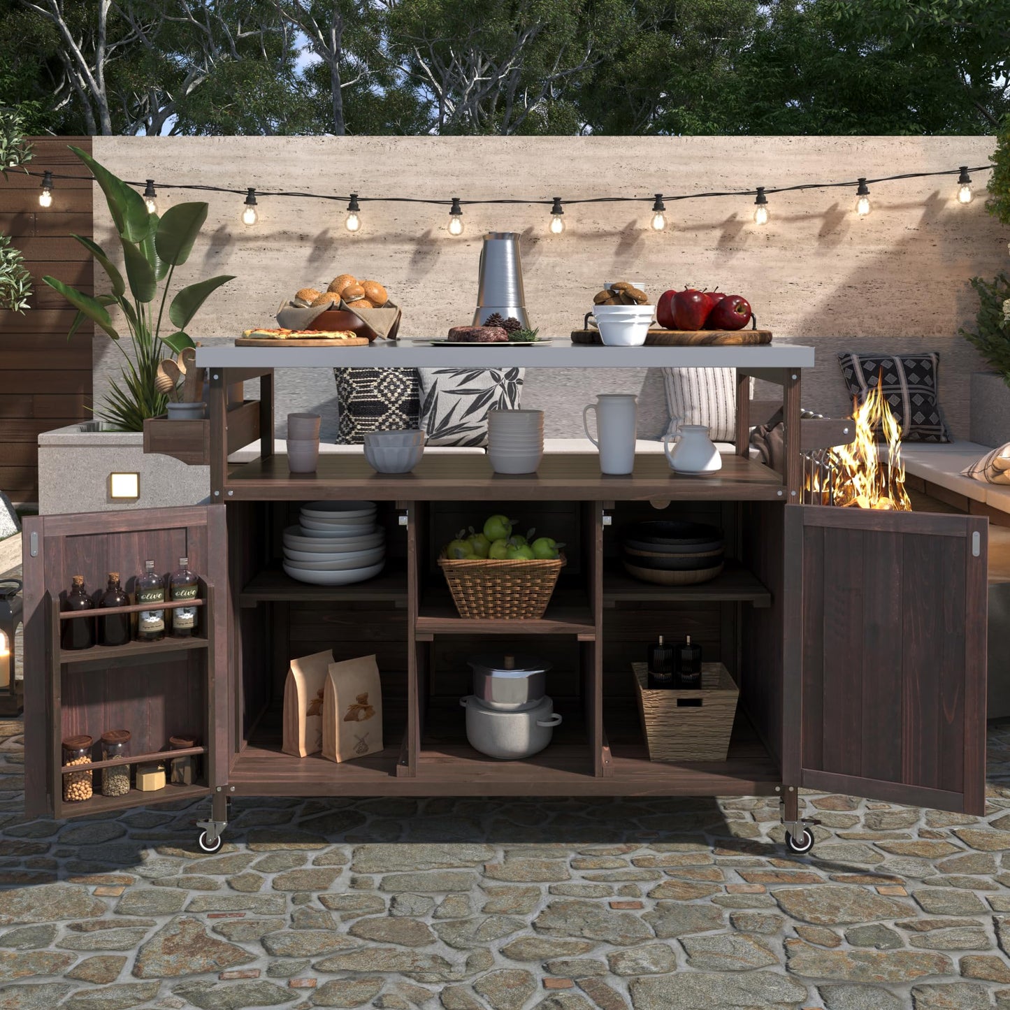 YOPTO Outdoor Kitchen Island Cart with Internal Storage Racks,Solid Wood Outdoor Grill Table W/Stainless Steel Top,4 Secure Locking Wheels,4 Hangers and Bottle Opener for Kitchen & BBQ,Dark Brown