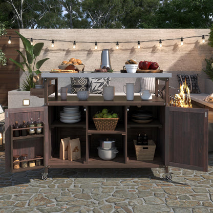 YOPTO Outdoor Kitchen Island Cart with Internal Storage Racks,Solid Wood Outdoor Grill Table W/Stainless Steel Top,4 Secure Locking Wheels,4 Hangers and Bottle Opener for Kitchen & BBQ,Dark Brown