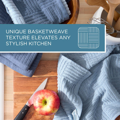 Town & Country Basics Basketweave Antimicrobial Terrycloth Kitchen Towel 4-Pack Set, Absorbent 100% Cotton, Machine Washable, Blue, 16"x28"