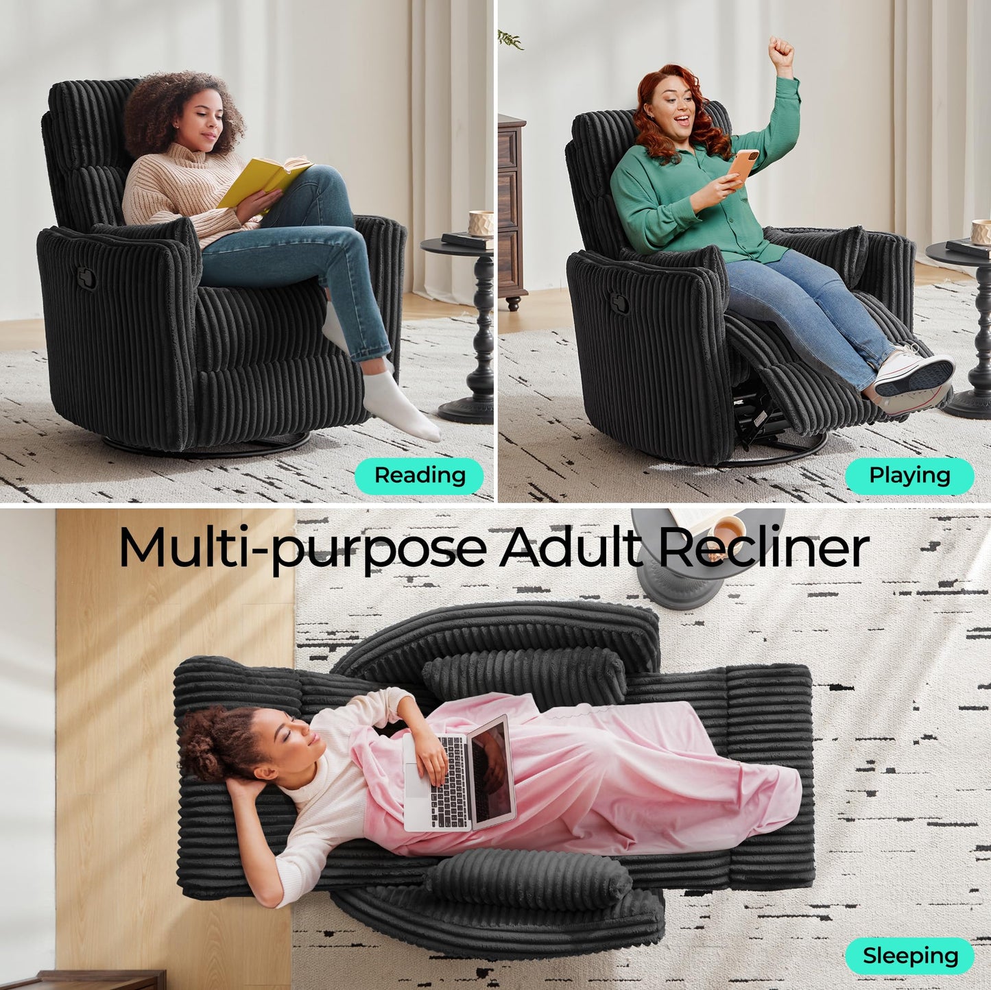 LINSY 360 Swivel Recliner Chair, Nursery Glider Rocking Chair with 2 Pillows, Corduroy Nursing Chair Comfy High Back Adult Rocker Recliner for Small Spaces, Nursery Bedroom Living Room (Black)