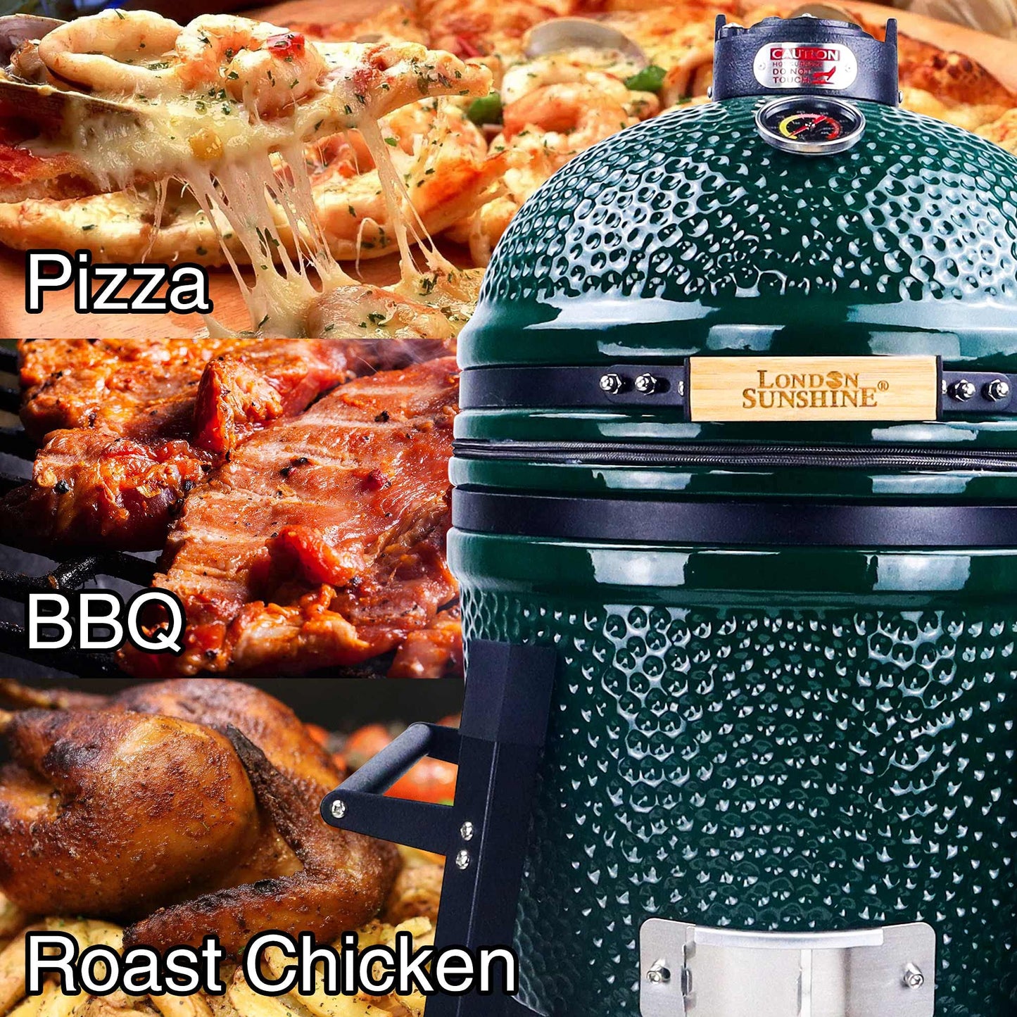 London Sunshine Ceramic Kamado Charcoal BBQ Grill and Smoker, Stainless Steel Grates -15" Ceramic with Tall Stand (GREEN)