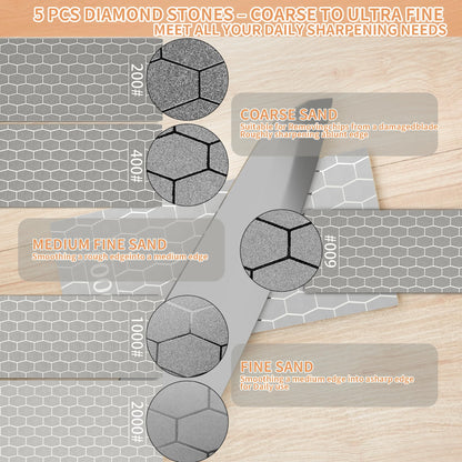 CWOVRS Diamond Sharpening Stone, 5 PCS Diamond Sharpening Plate with Honeycomb Surface Plate for Scissors Knives Outdoor Tools From Coarse to Extra Fine 200/400/600/1000/2000 Grit