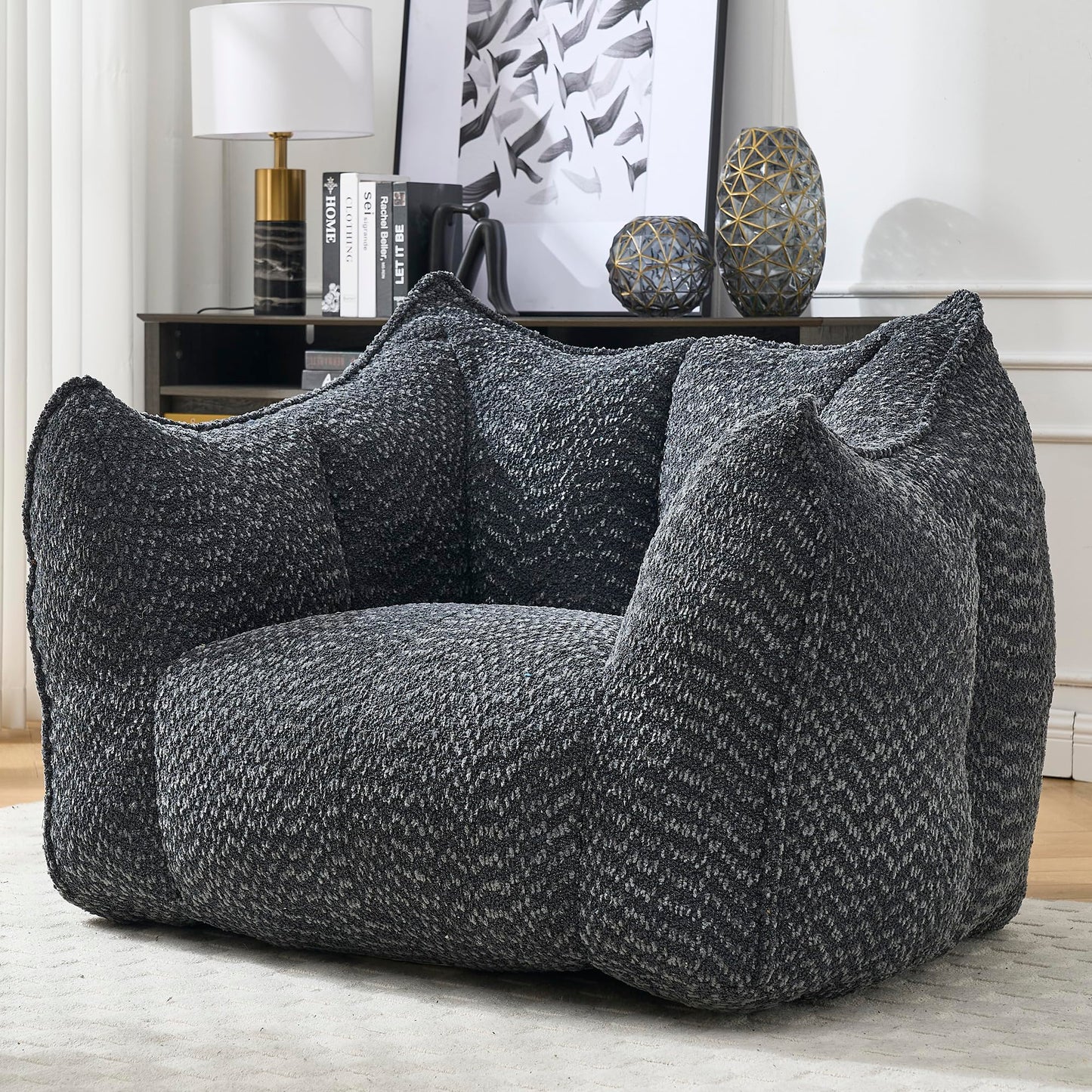 Large Chenille Bean Bag Chair for Adults - Oversized Square Lazy Sofa, Comfortable Gaming Reading TV Seat, 47.2" W x 36.2" D, Black, Living Room & Bedroom Essential
