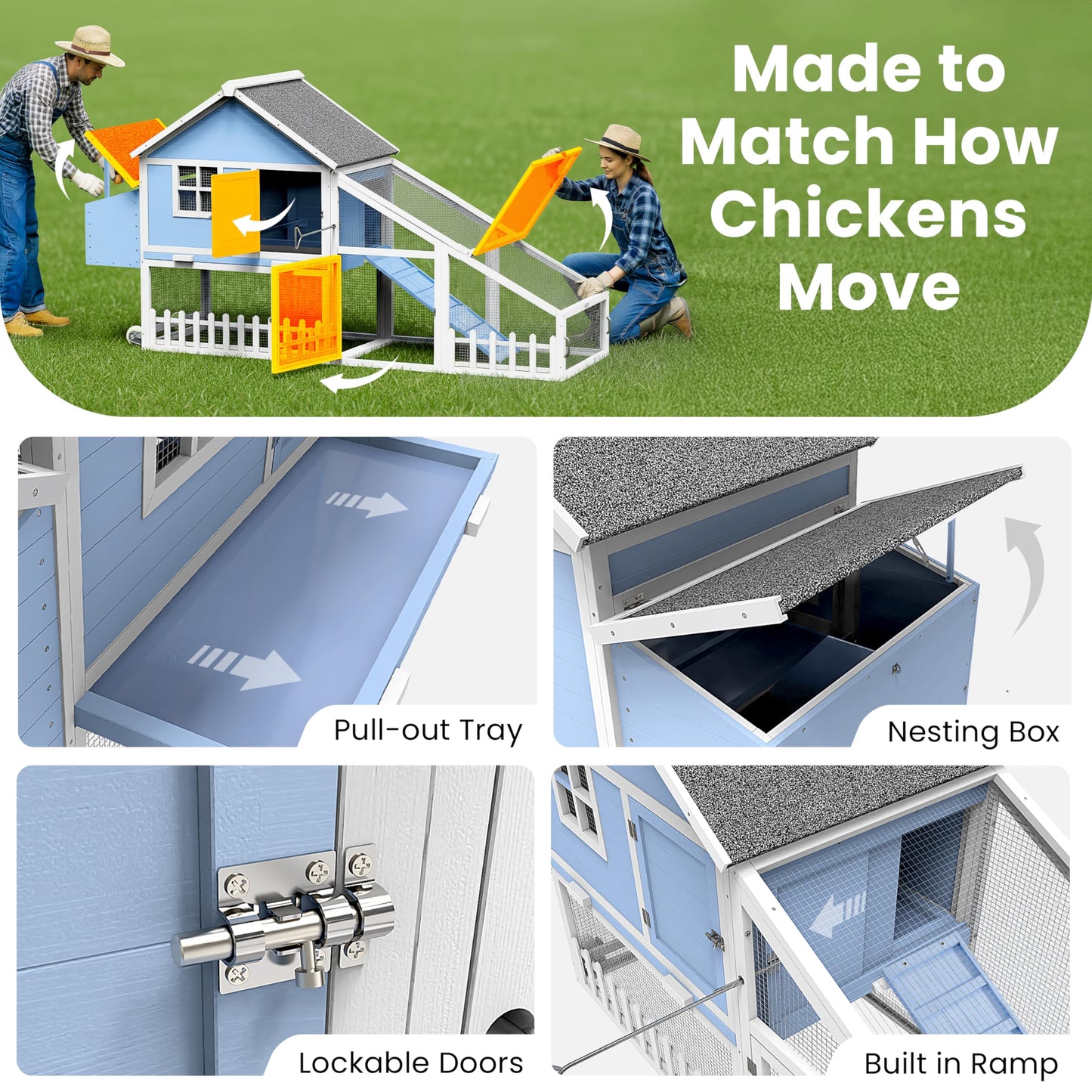 Weatherproof Wooden Chicken Coop – Indoor & Outdoor Walk-in Hen House with Run, Nesting Box, and Pull-Out Tray – Portable Backyard Poultry Cage for Easy Cleaning and Predator Protection