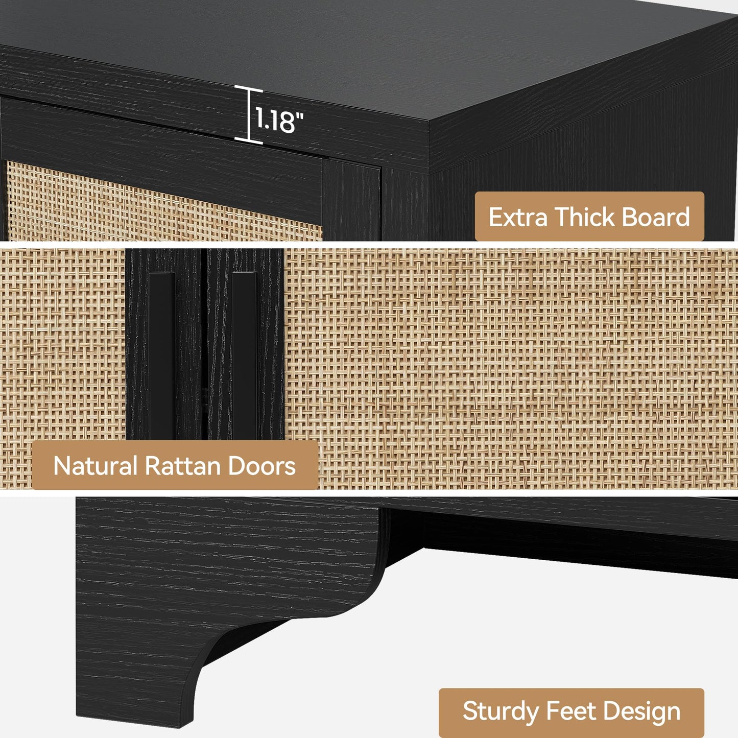 Garvee Natural Rattan Storage Cabinet with Shelves, 4-Door Sideboard Buffet Cabinet, Boho TV Stand Console Table for Living Room, Entryway, Dinning Room