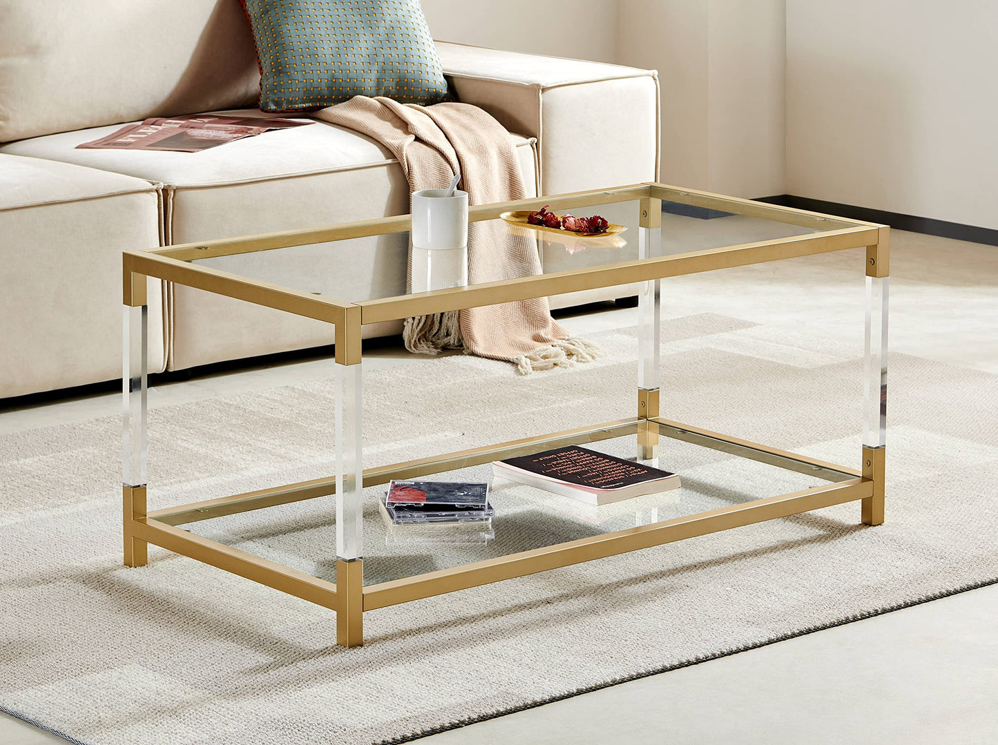 AGV LIGHTING 202205 BLEVIO Coffee Table, Modern Design Dual-Layer Coffee Table, Perfect for Living Space, Ultra-Clear Glass Top, Transparent Acrylic Leg & Gold Finish Metal Frame