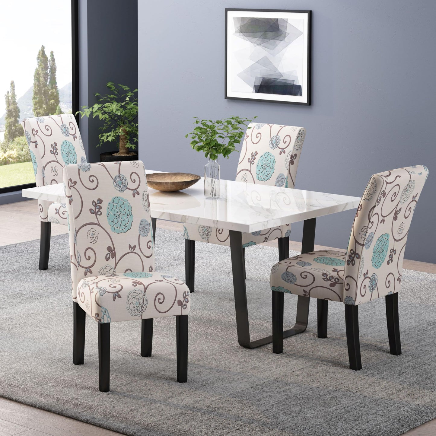 Evangeline Contemporary Fabric Dining Chairs (Set of 4), Light Beige with Blue Floral