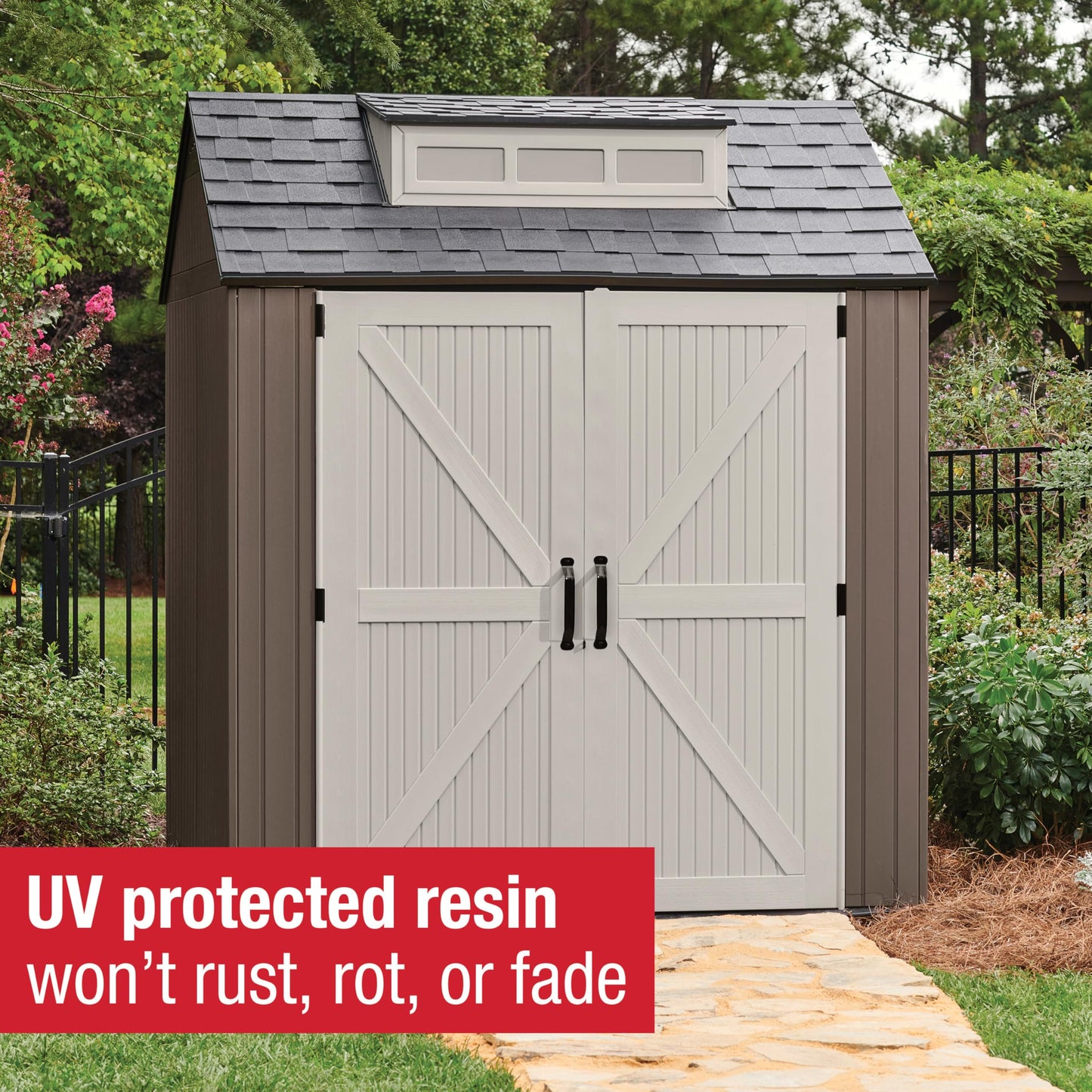 Rubbermaid Large Resin Outdoor Storage Shed With Floor (7 x 7 Ft.), Weather Resistant, Brown, Organization for Home/Lawn Mower/Backyard Equipment/Bike Storage/Pool Supplies