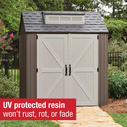 Rubbermaid Large Resin Outdoor Storage Shed With Floor (7 x 7 Ft.), Weather Resistant, Brown, Organization for Home/Lawn Mower/Backyard Equipment/Bike Storage/Pool Supplies