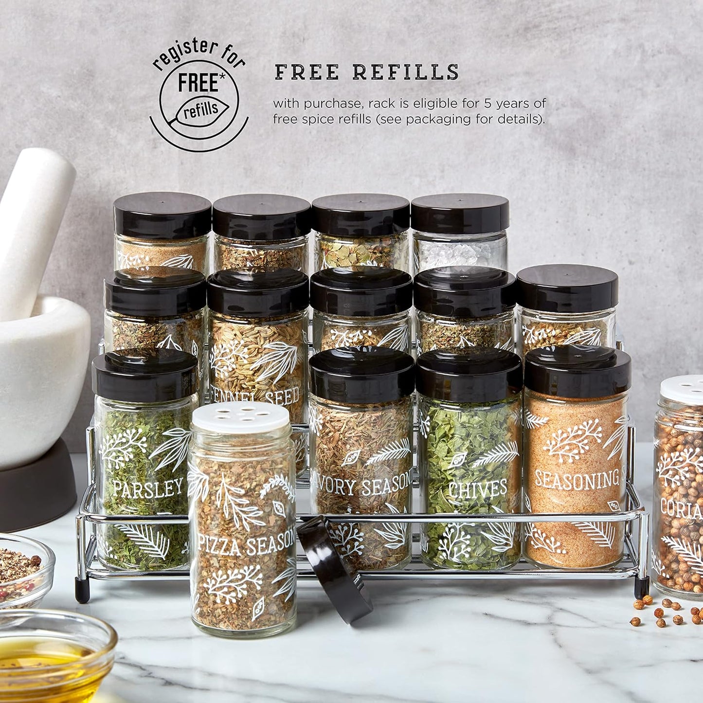 15 Countertop 5 9.5 5.8 9 Kamenstein Jar Lincoln Spice Rack with Spices Included, FREE Spice Refills for Years, Chrome