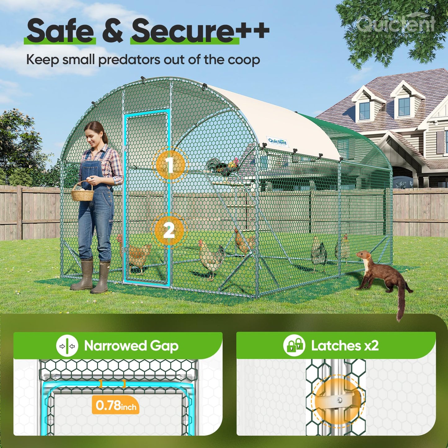 Quictent Essential Series 12x9x6.6ft Metal Chicken Coop Run with Climbing Ladder, Walk-in Outdoor Poultry Cage with PVC Coated Chicken Wire, Hen Duck Rabbit Farm House, Waterproof Anti-UV Cover