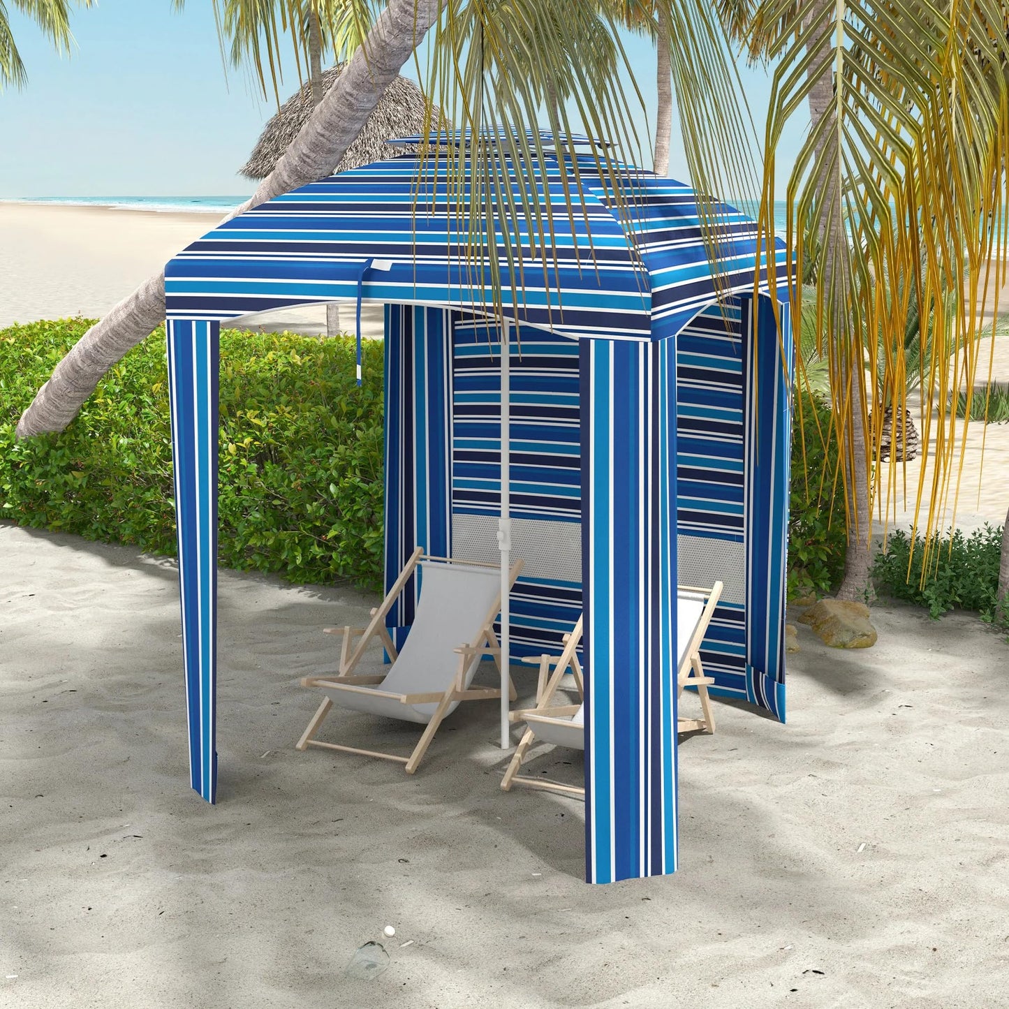 leoglint 5.8' x 5.8' Portable Beach Outdoor Umbrella with Double-Top, Ruffled Outdoor Cabana with Walls, Vents, Sandbags, Carry Bag, Blue Stripe
