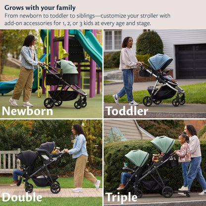 Mockingbird Single-to-Double Stroller 3.0 - Convertible Full Size Baby Stroller for 1, 2, or 3 Kids with 44 Possible configurations, Travel System Compatible - Sage