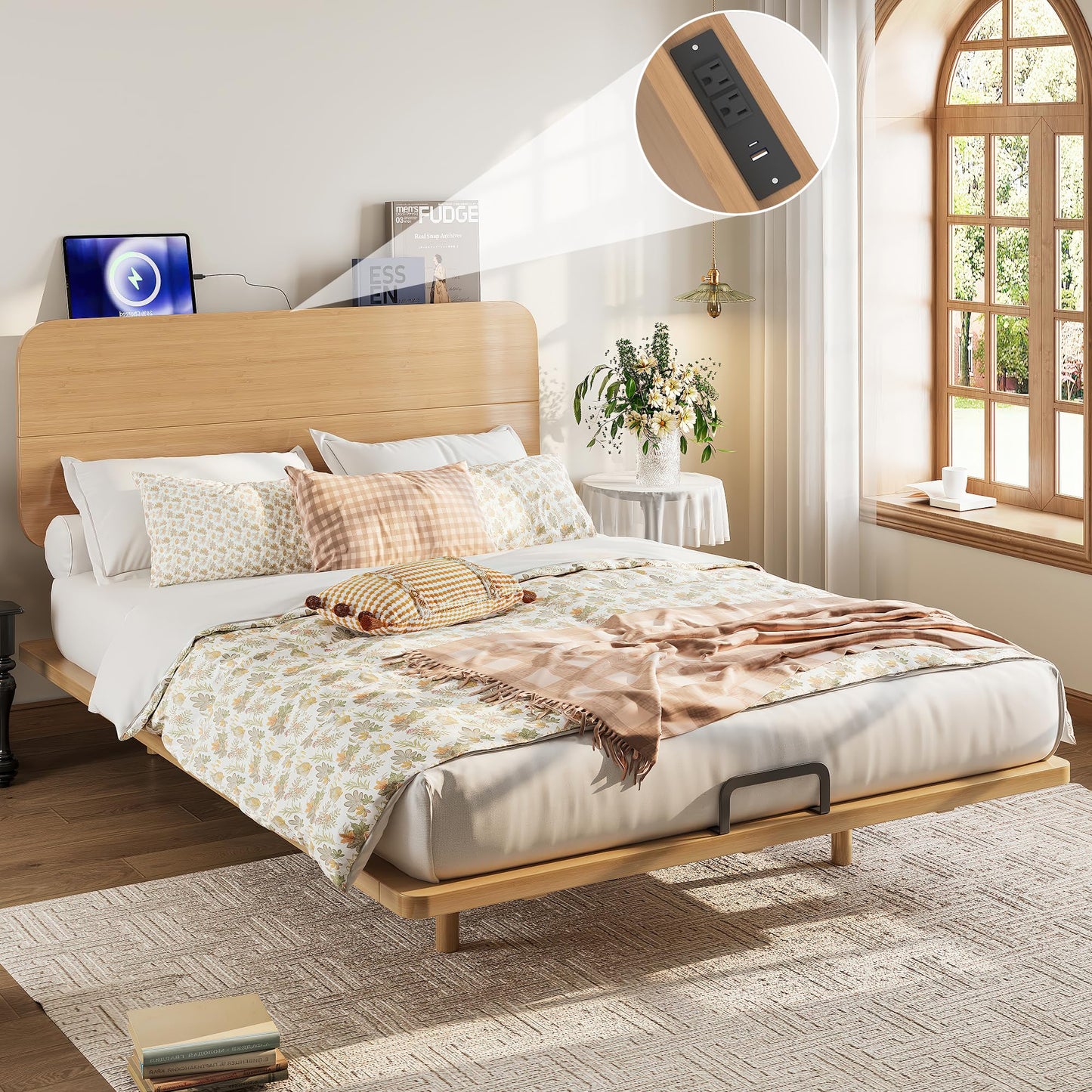 Bellemave Queen Size Bamboo Bed Frame with Headboard,Bamboo Floating Platform Bed Frame Queen Size with Charging Station and Wood Slats,Easy Assembly,Natural