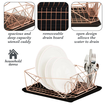Kitchen Details Geode Deluxe Dish Drying Rack with Drain Board | Cutlery Basket | Utensil Holder | Iron Frame | Copper