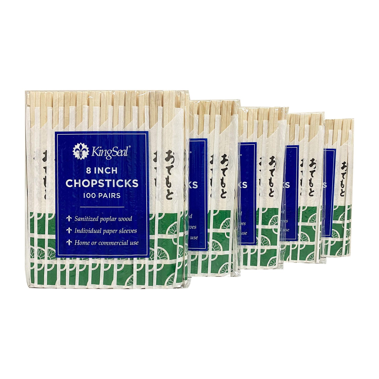 500 Count | KingSeal 8 Inch Natural Poplar Wood Chopsticks, Paper Sleeve, Waribashi, Eco Friendly, Bulk Pack - 5 Packs x 100 Pairs