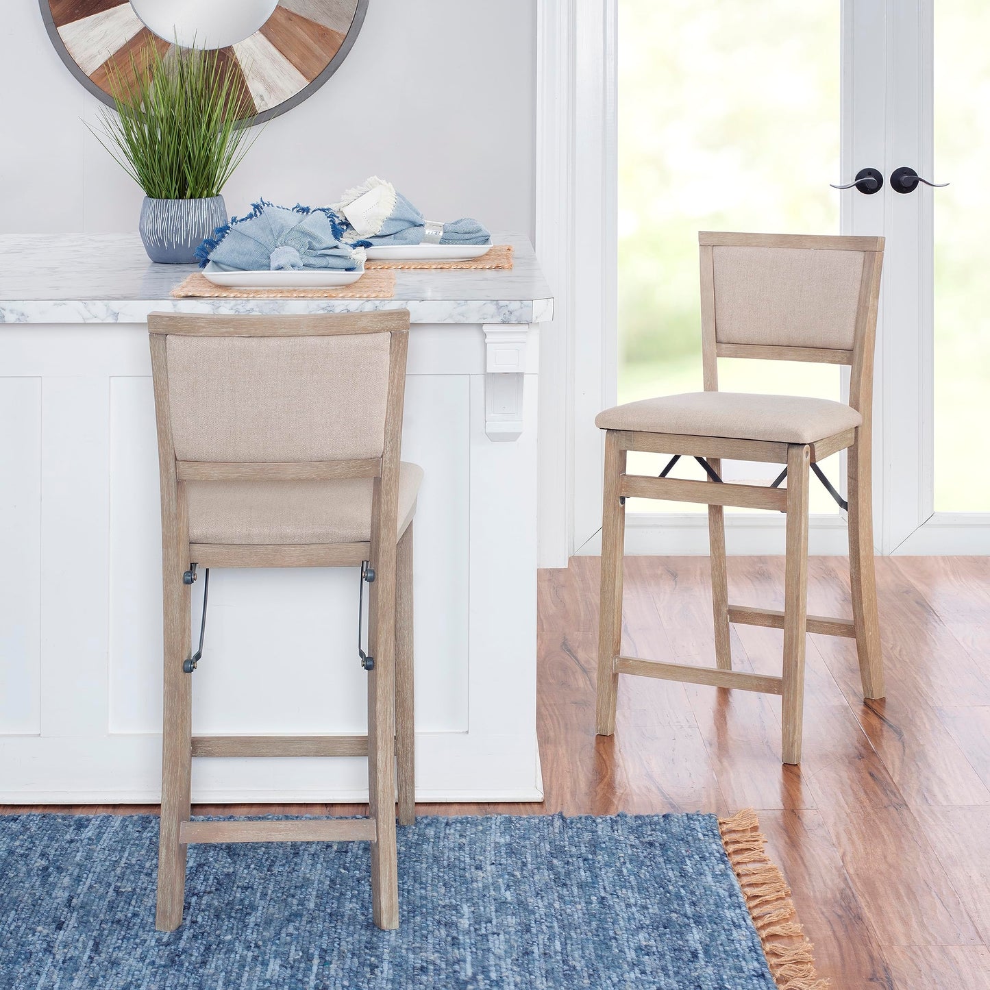 Linon Keira Natural Rustic Wooden Folding 25 Inch Seat Height Counter Stool with Beige Upholstered Seat and Back