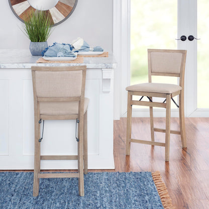 Linon Keira Natural Rustic Wooden Folding 25 Inch Seat Height Counter Stool with Beige Upholstered Seat and Back