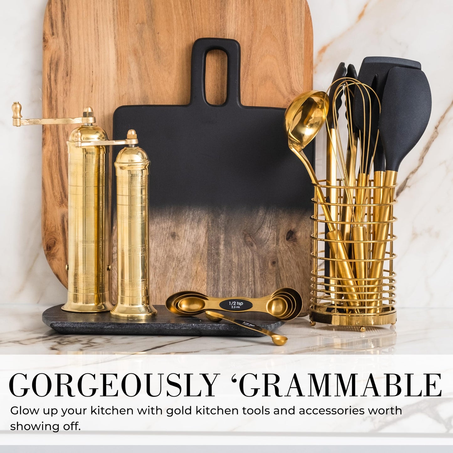 Black and Gold Kitchen Utensils Set - 7-Piece Silicone Cooking Tools with Gold Utensil Holder for Nonstick Cookware and Modern Kitchens - Stylish Luxury Kitchen Accessories