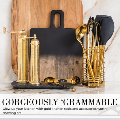 Black and Gold Kitchen Utensils Set - 7-Piece Silicone Cooking Tools with Gold Utensil Holder for Nonstick Cookware and Modern Kitchens - Stylish Luxury Kitchen Accessories