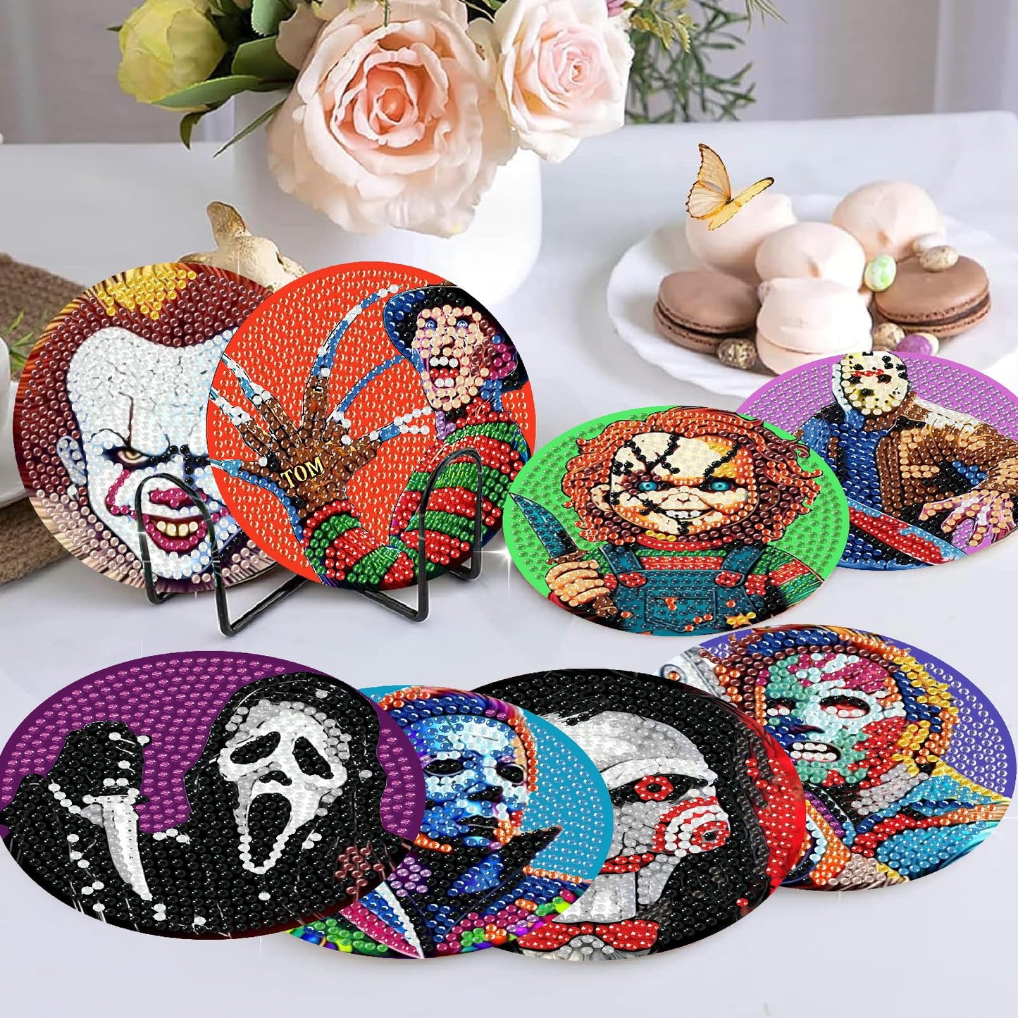 NEGEKFKX 8 Pcs Halloween Diamond Art Painting Coasters Kits,Horror Coaster with Holder for Adults, Non-Slip DIY Dot Paint Craft Kits,5D Full Drill DIY Diamond Dot Gem Art Kit Home Decor Arts Craft